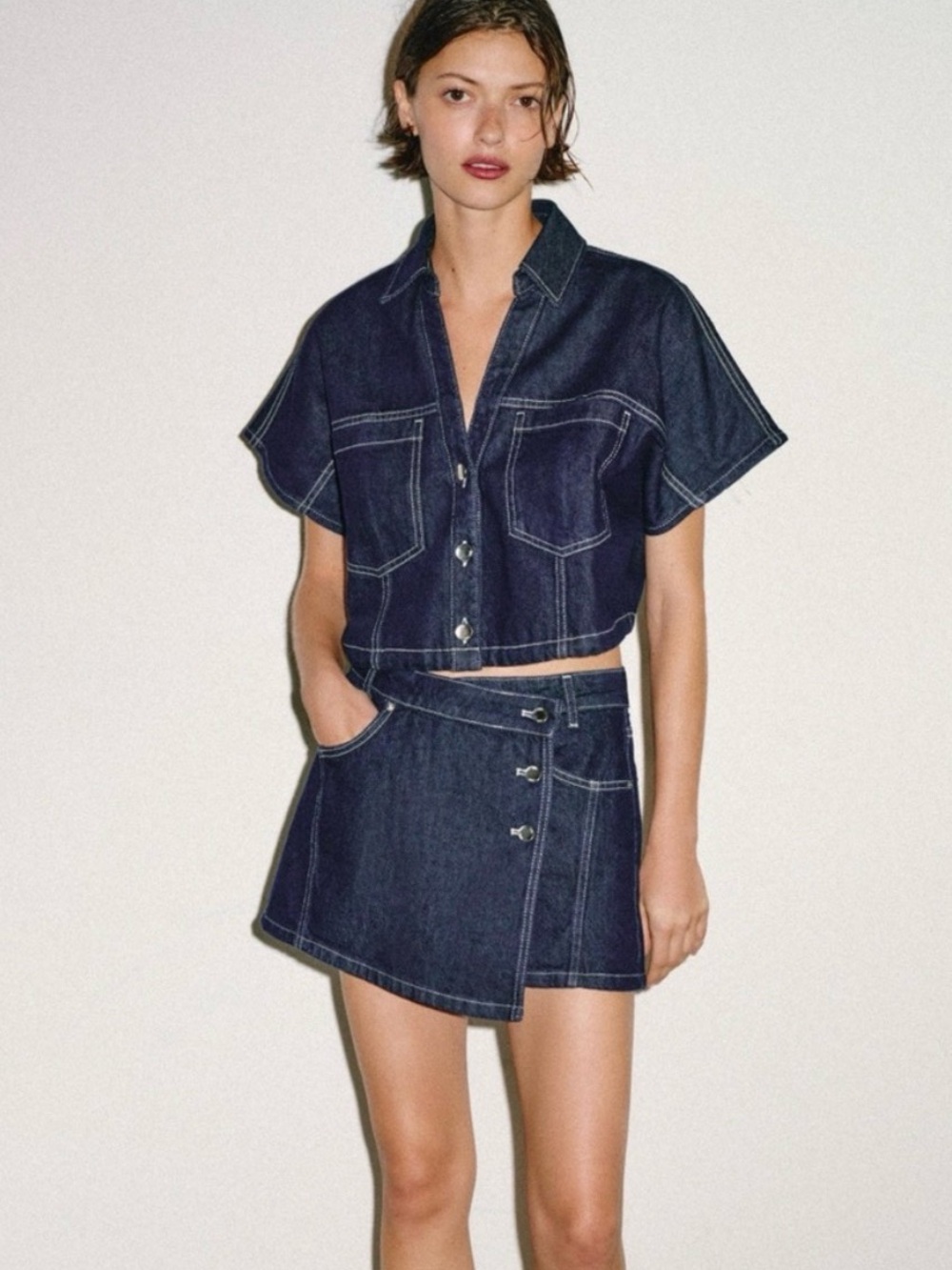 Zara Dark Blue Denim Skort Set - Navy Two-Piece